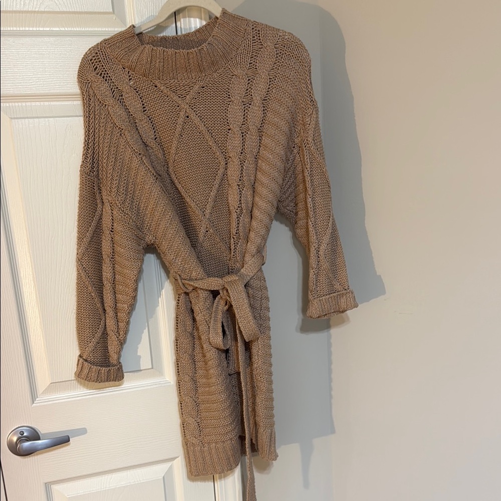 Cozy Tan Cable Knit Sweater Dress